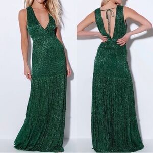 NWT Lulus Falling Star Gown Floor Length Dress XL Emerald Green Metallic Maxi